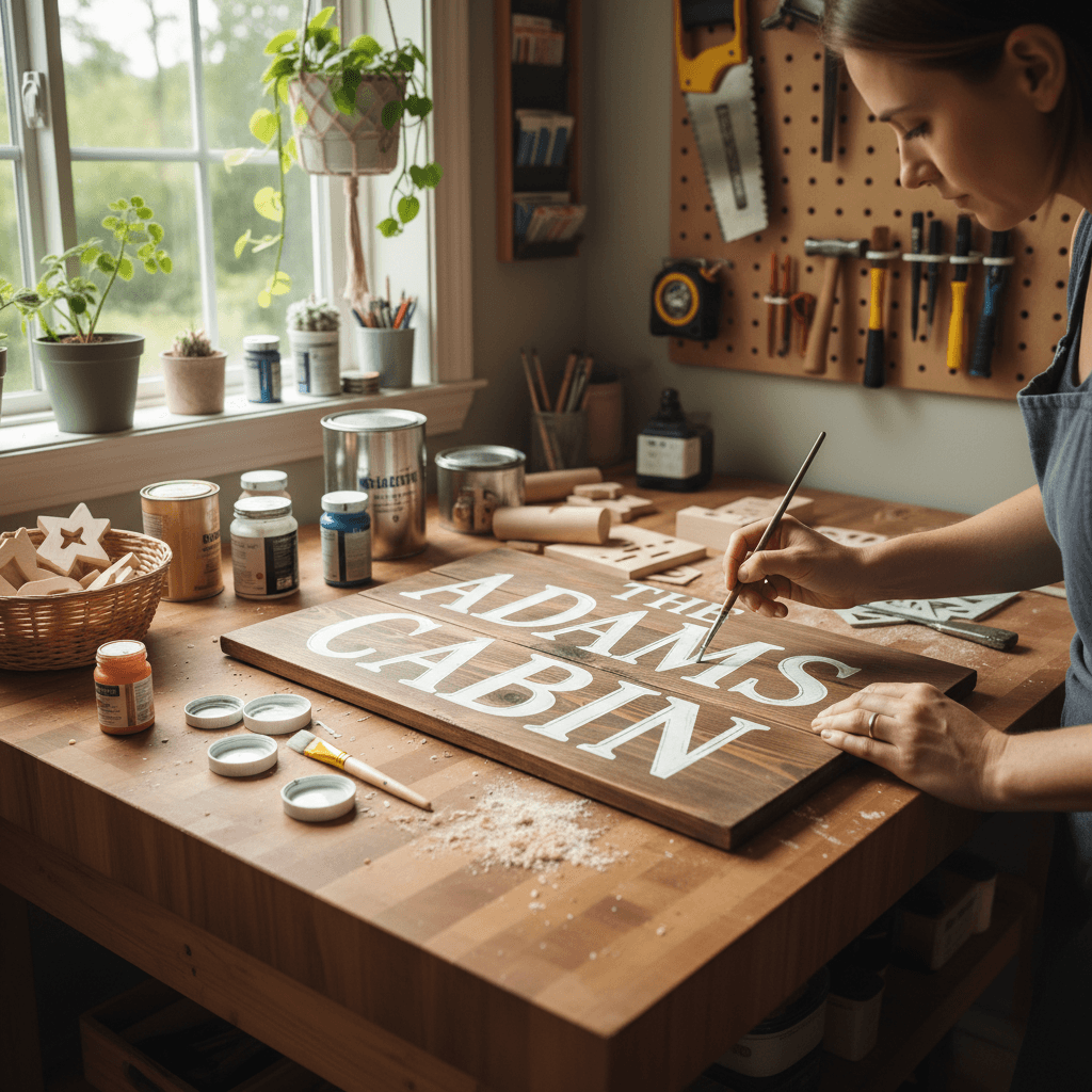 Person hand-painting a personalized wooden sign in a workshop