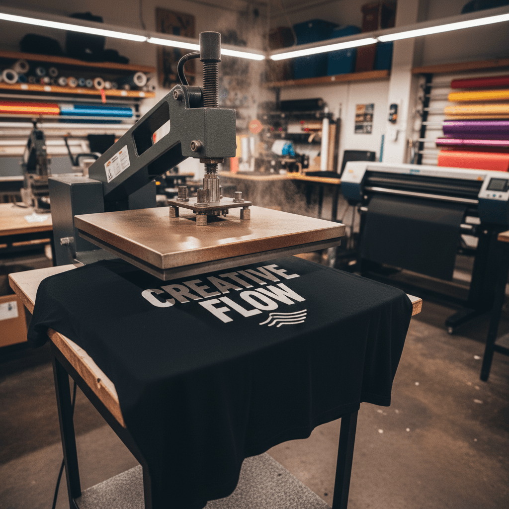 Custom printed t-shirt being pressed in a small studio