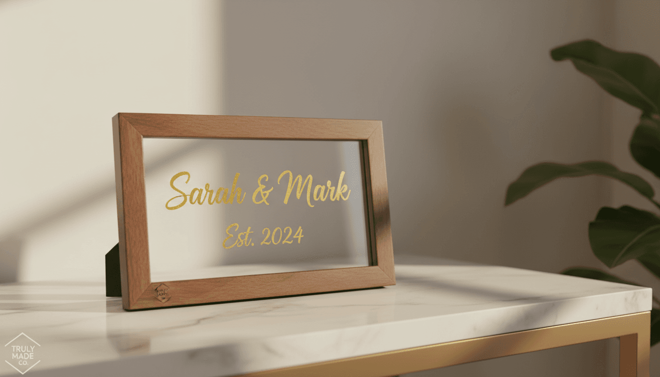 Walnut frame with personalized gold vinyl names on a marble shelf