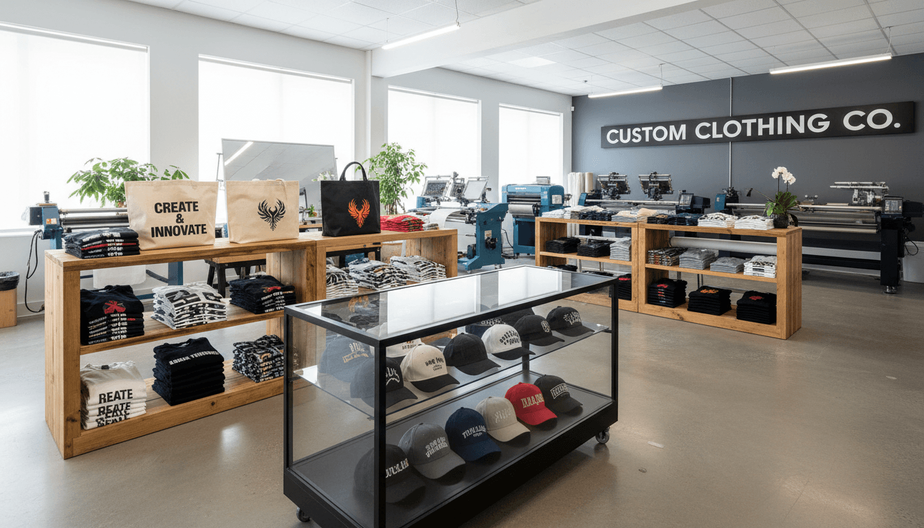 custom printed apparel neatly displayed in bright modern studio workshop