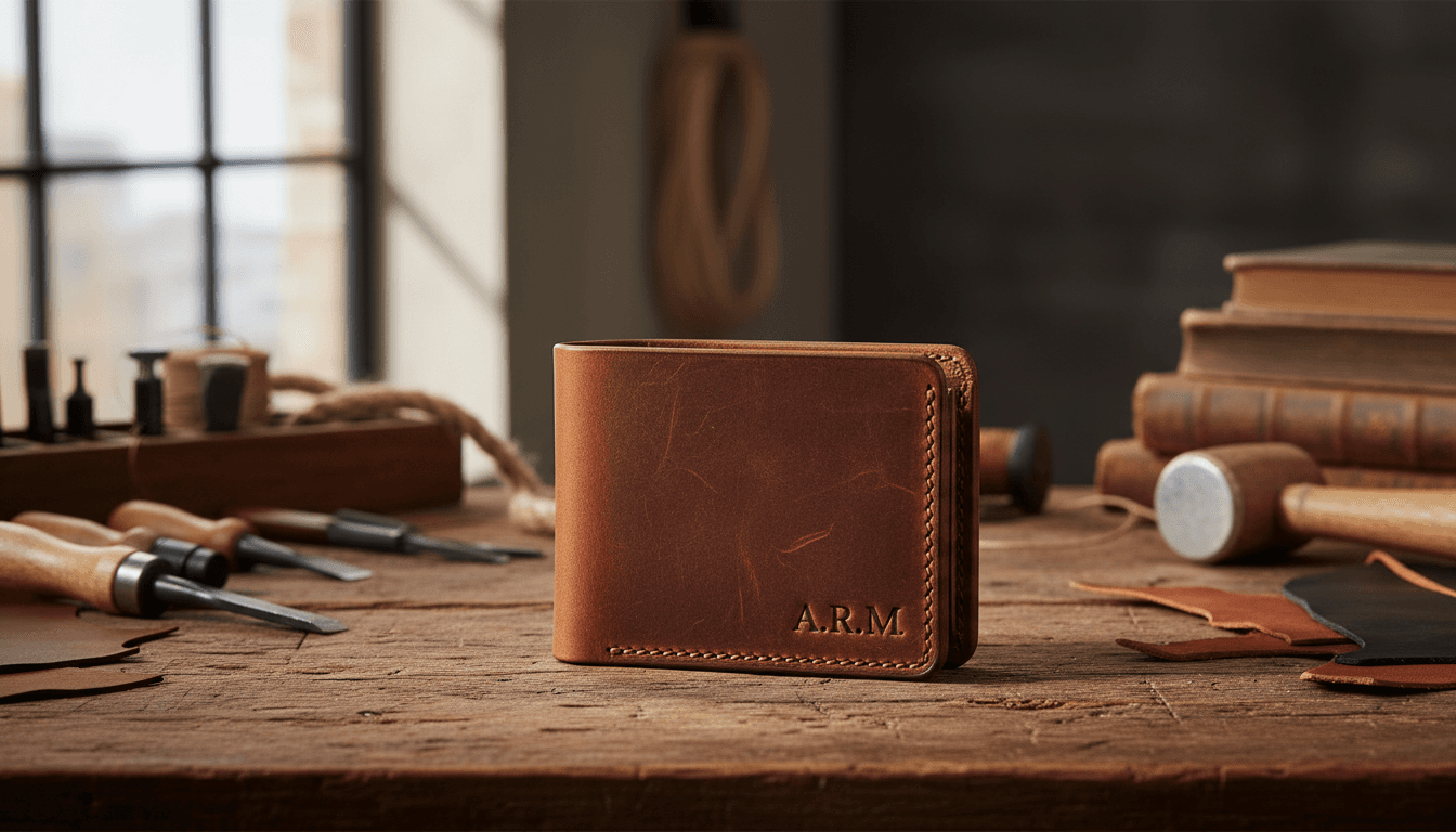 Custom-designed leather wallet on a wooden workbench with artisanal tools