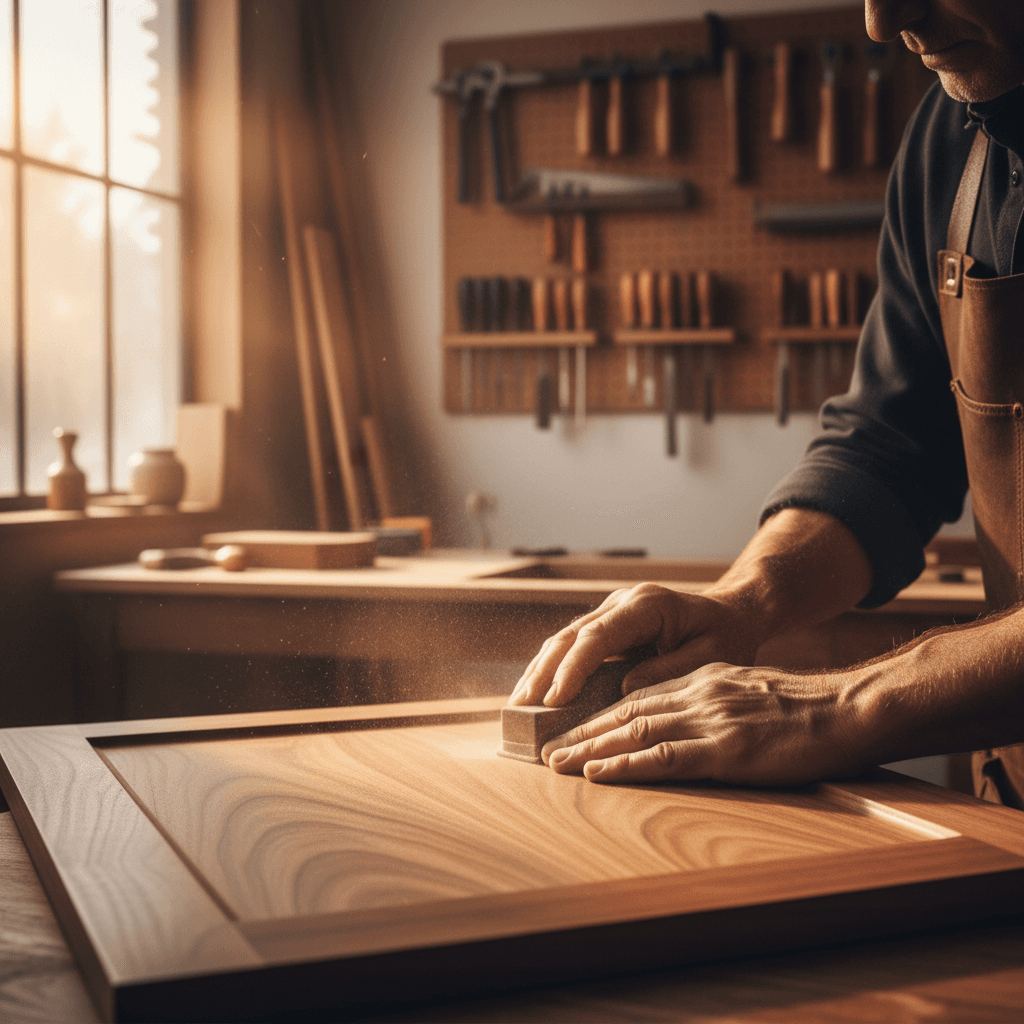 Hands finishing a wooden home decor detail