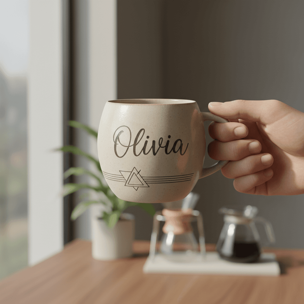 Hand-finished ceramic mug with a custom design resting on a wooden studio table