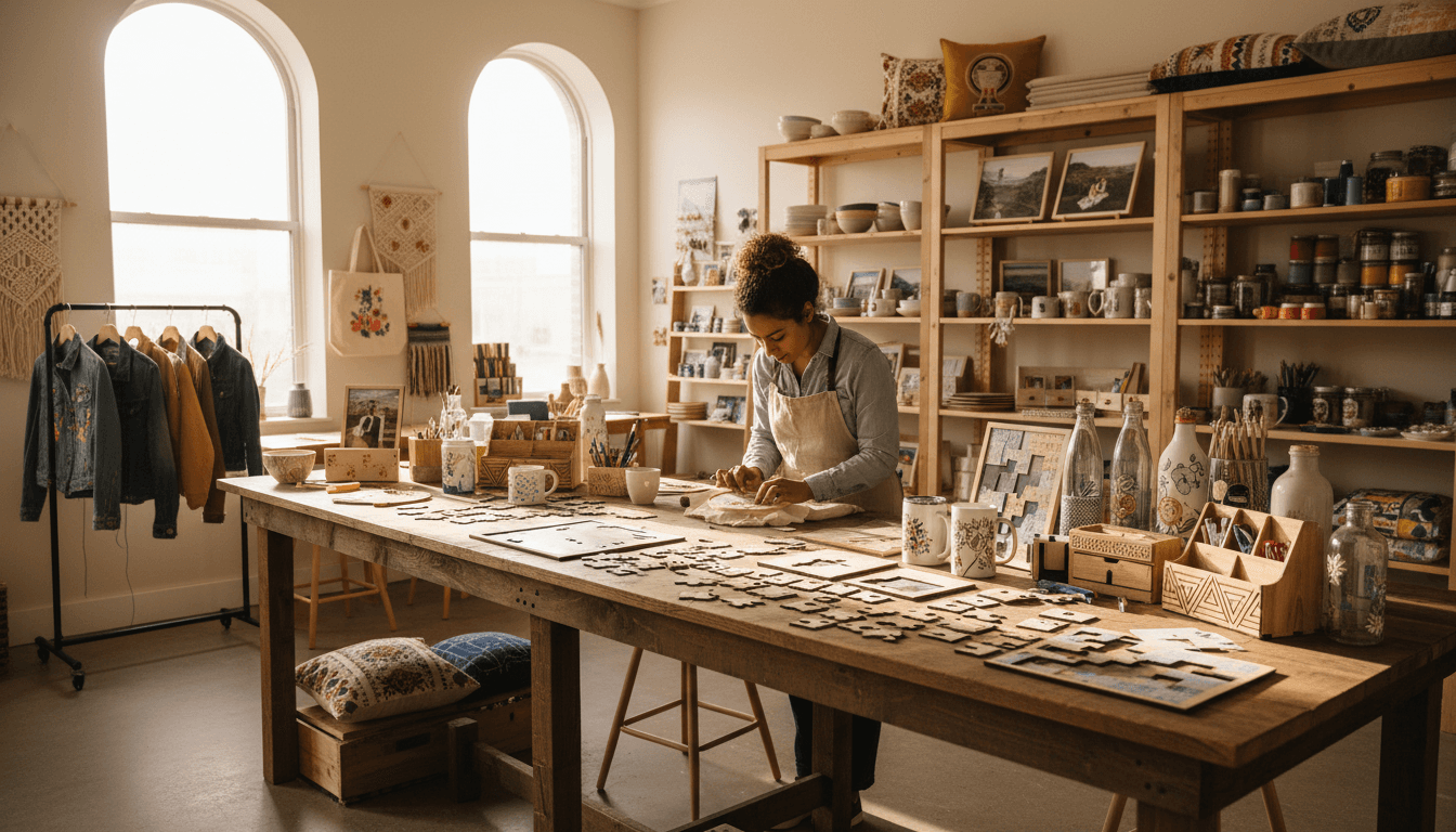 artisan hands crafting custom merchandise in a bright workshop