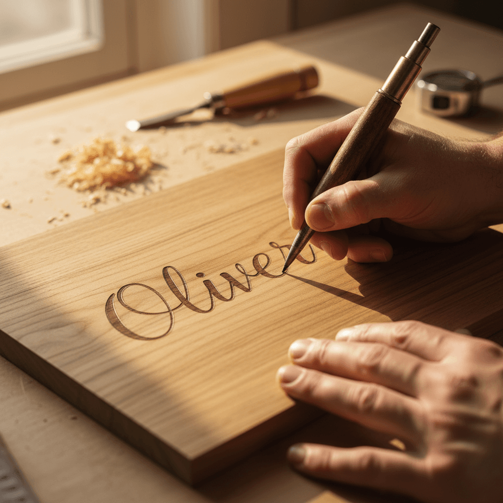 Close-up of hands painting a personalized wooden sign in a cozy workshop