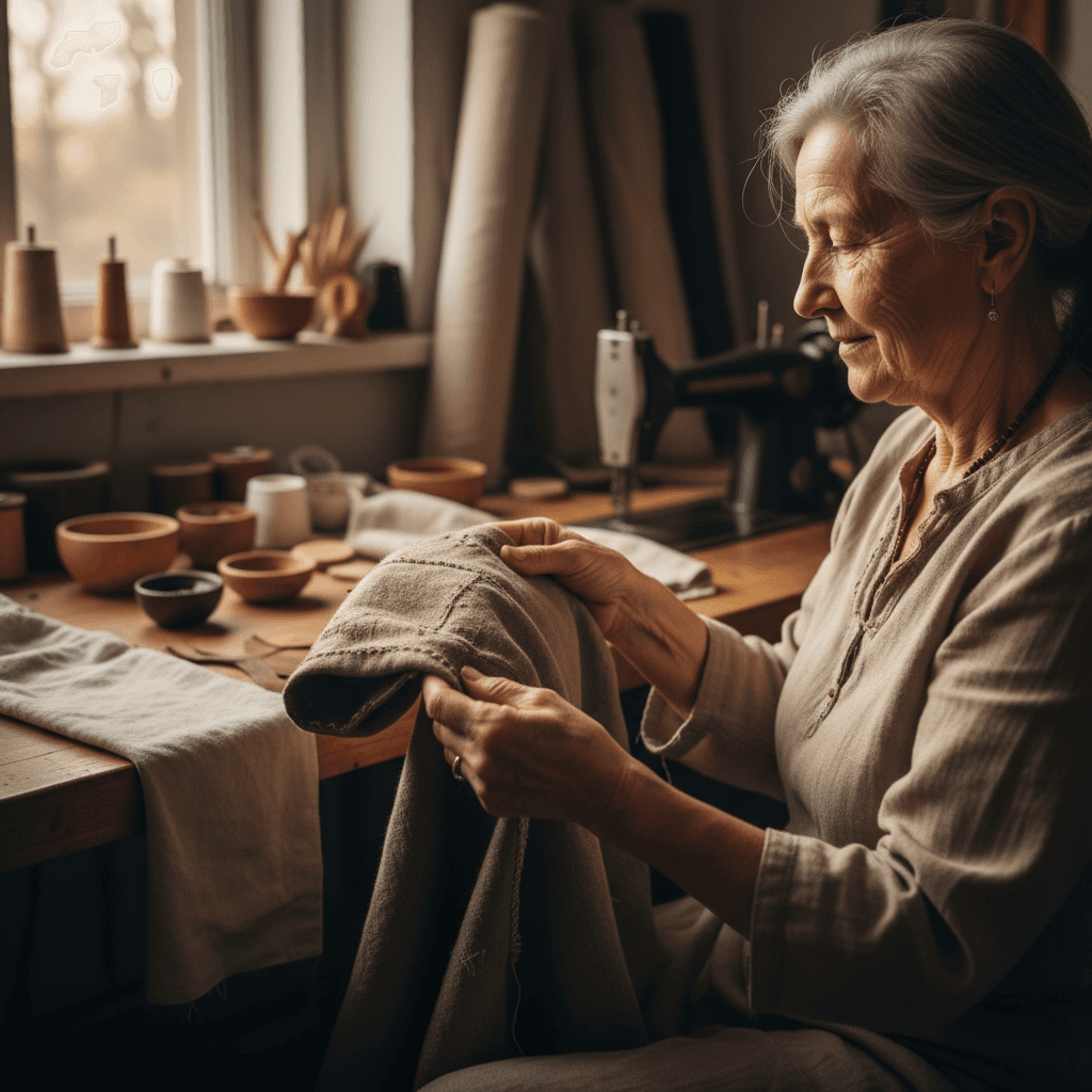 Craftsperson inspecting custom printed fabric in a studio