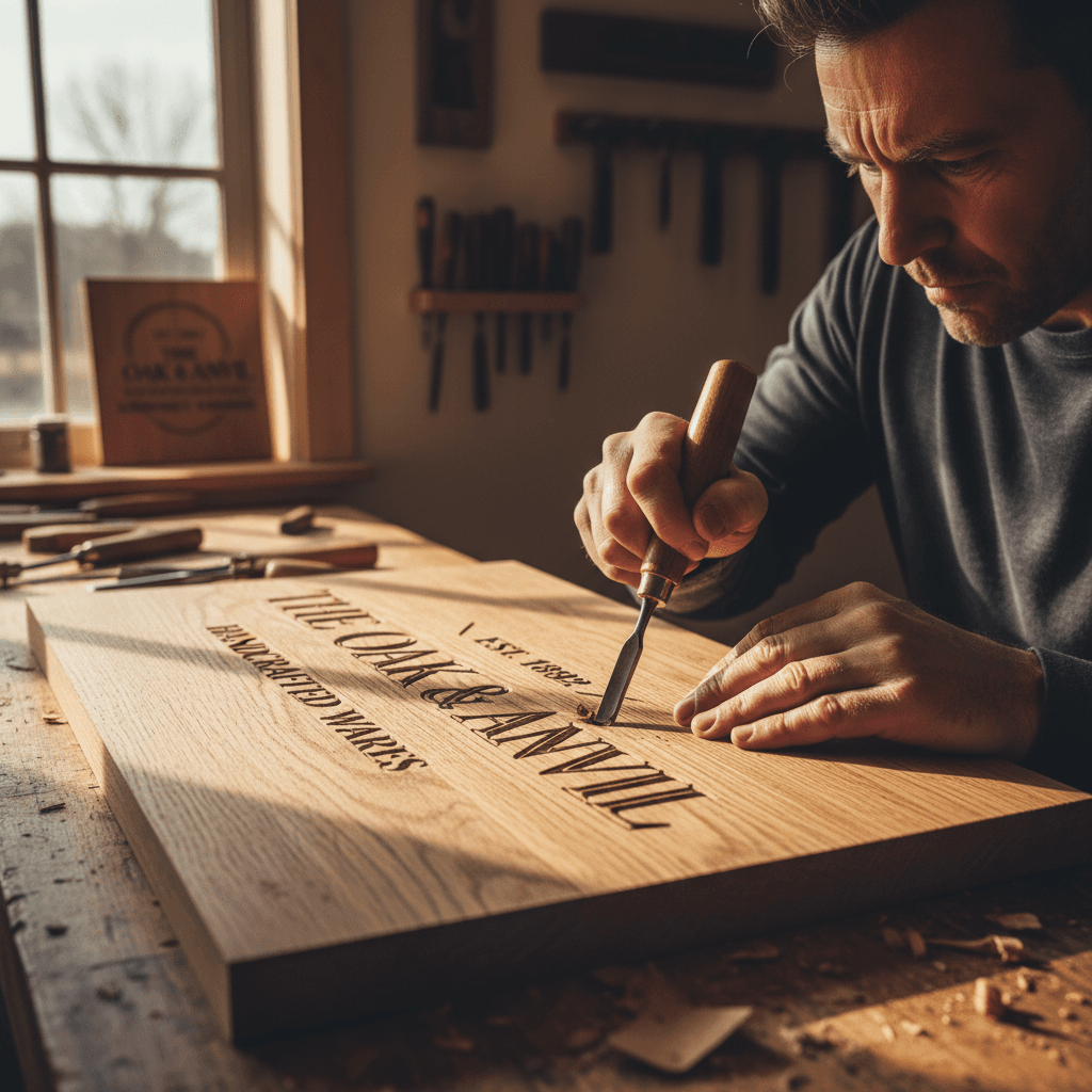 Hand painting a custom wooden sign in a craftsman workshop