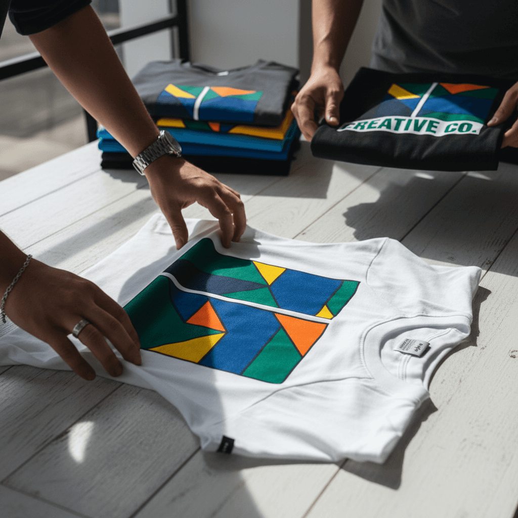 Person wearing a custom printed t-shirt in a bright workshop