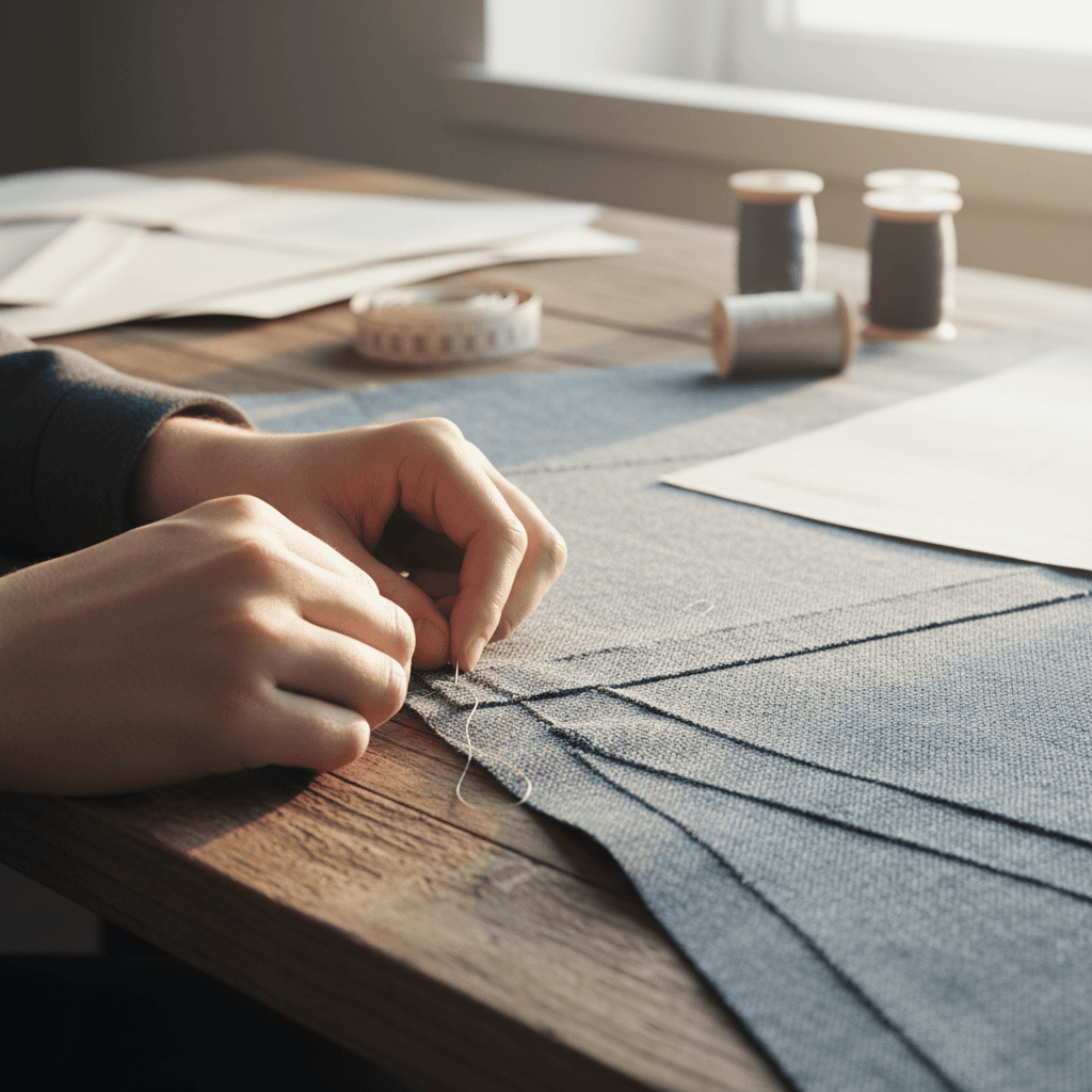 Close-up of hands stitching a custom fabric piece on a workbench