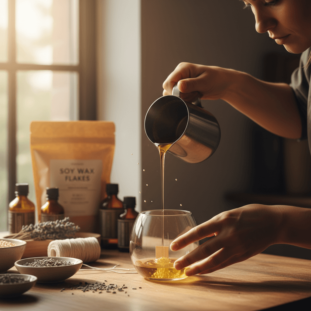 Pouring wax for a handmade candle