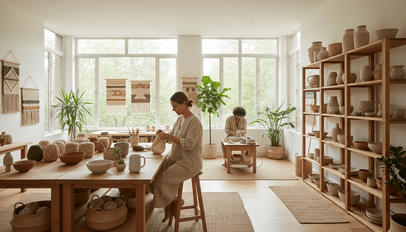 Cozy artisan studio filled with handmade decor and tools