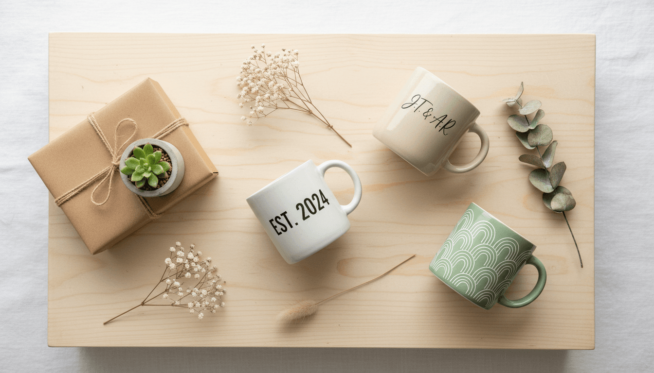 Overhead arrangement of three personalized ceramic mugs with custom designs on wooden table with gift box and plants