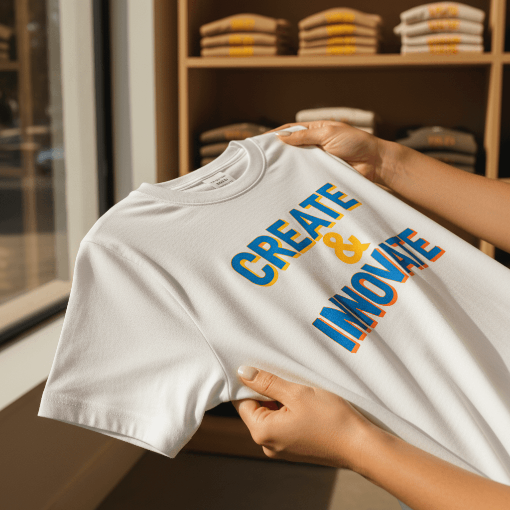 Hands holding a custom printed t-shirt in a bright craft studio