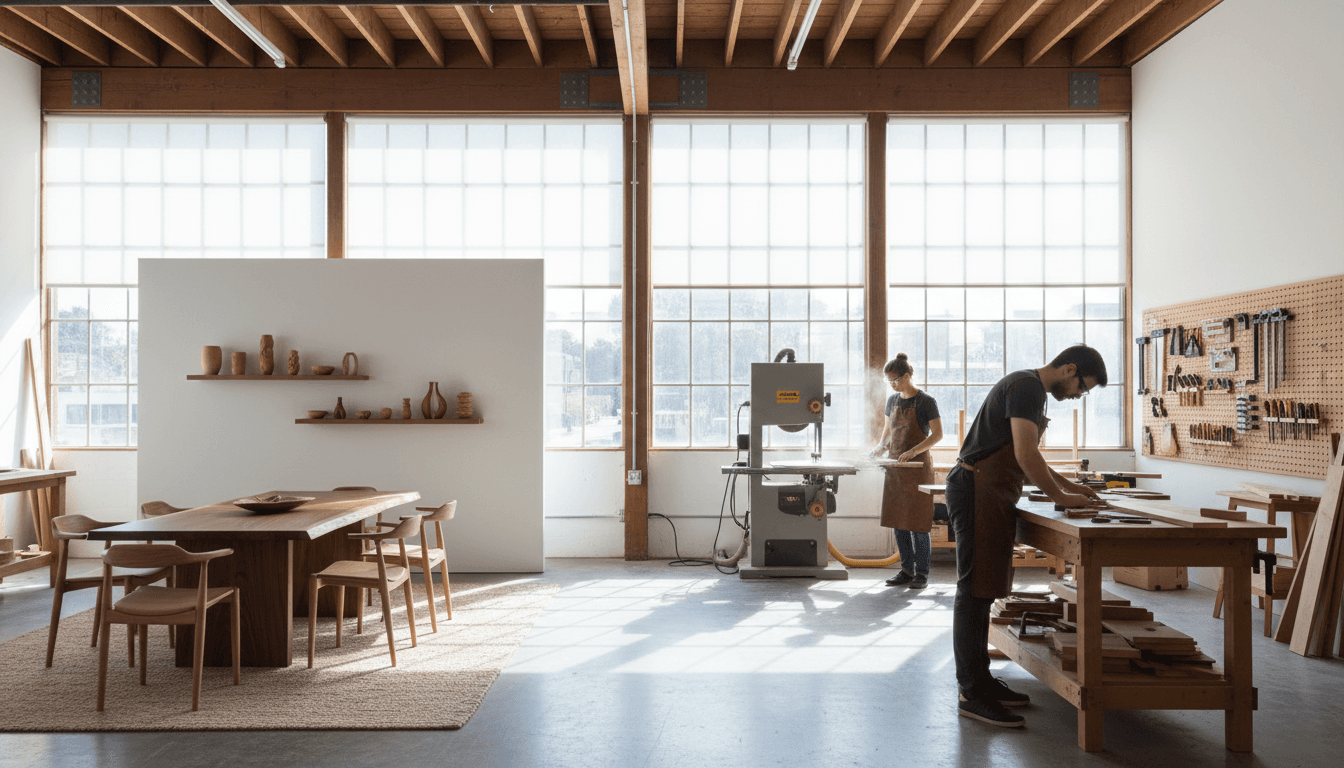 Studio interior with shelves of custom products
